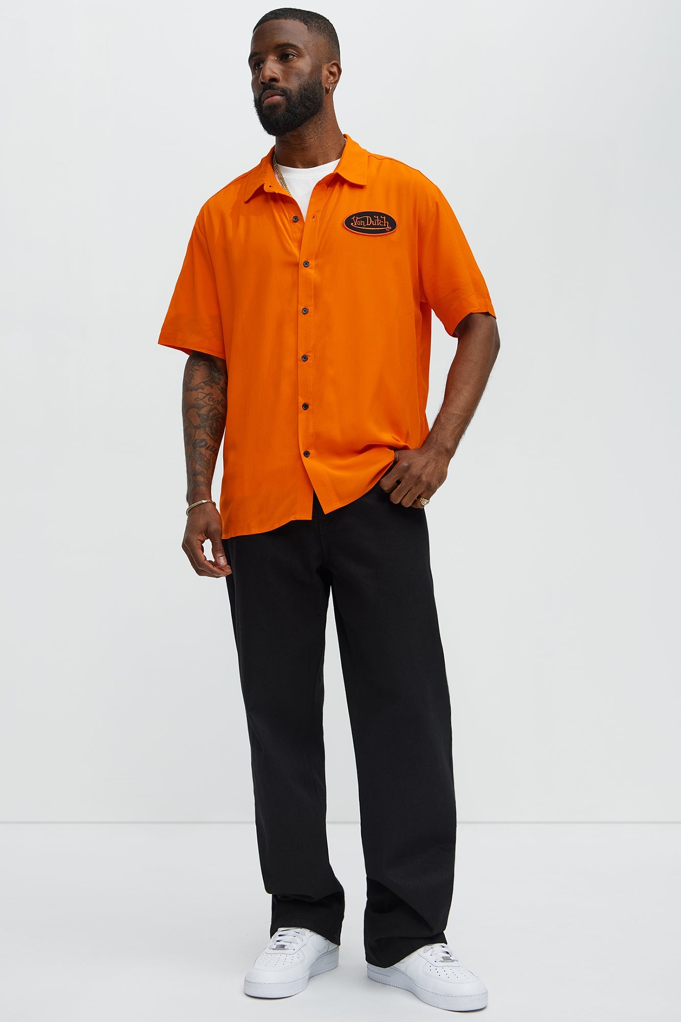 Von Dutch Front And Back Graphic Short Sleeve Button Up Shirt - Orange
