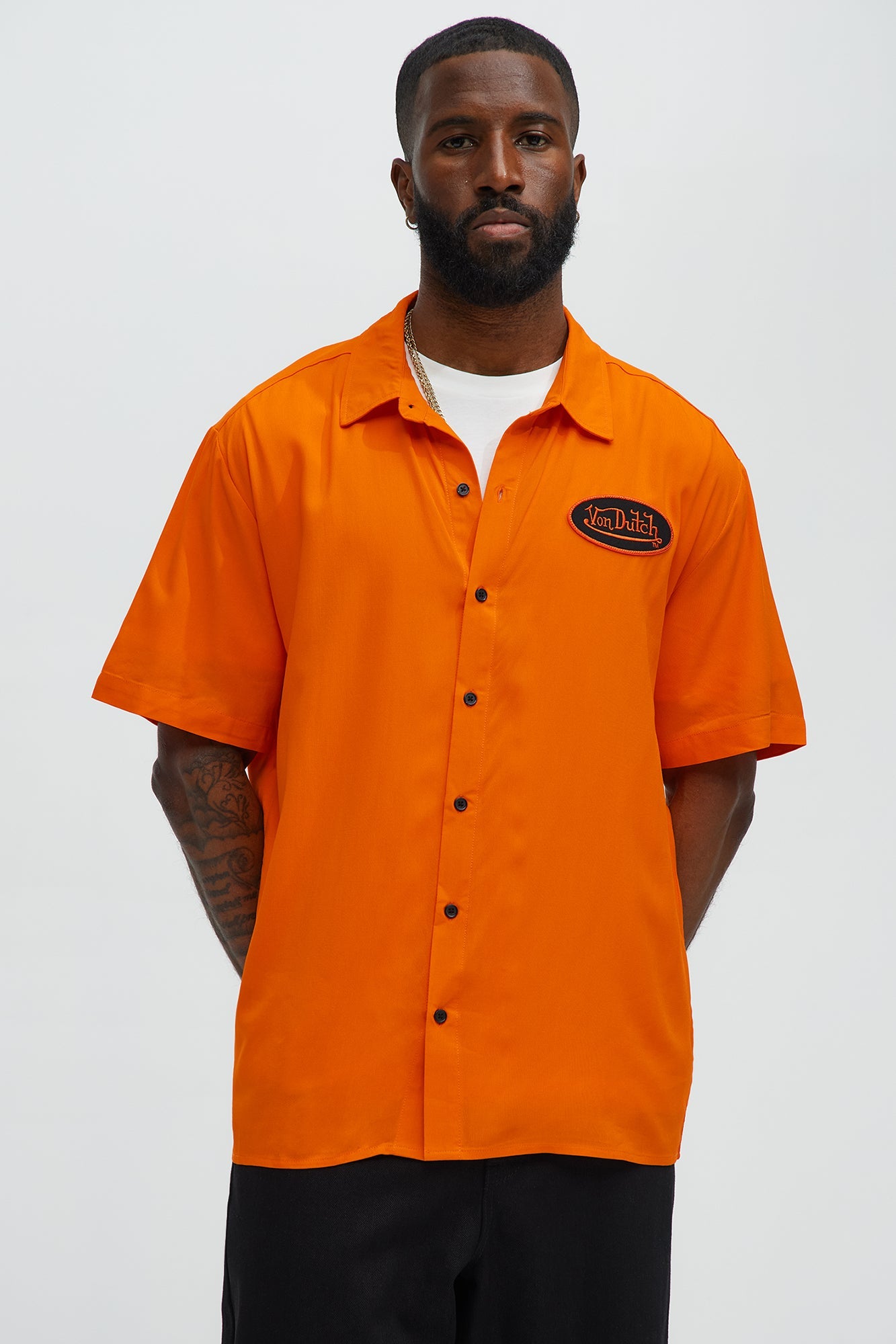 Von Dutch Front And Back Graphic Short Sleeve Button Up Shirt - Orange