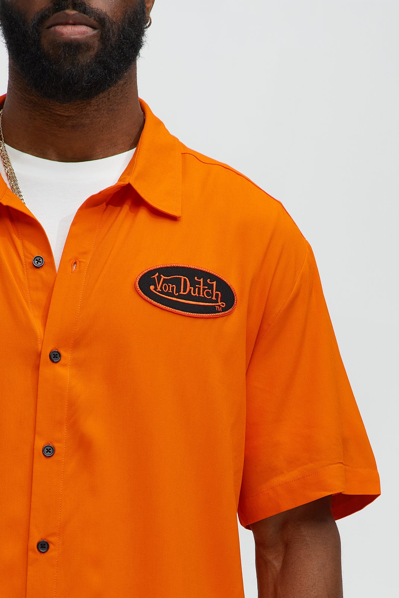 Von Dutch Front And Back Graphic Short Sleeve Button Up Shirt - Orange