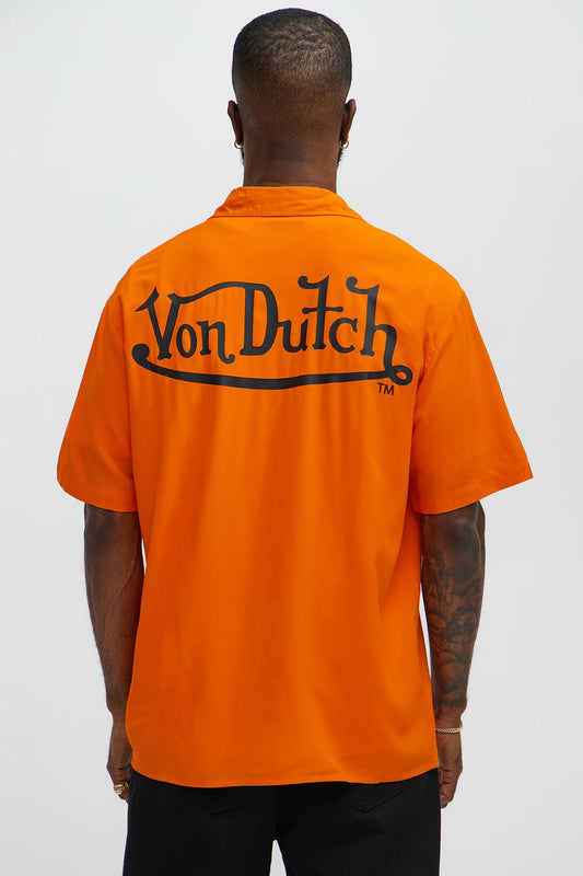 Von Dutch Front And Back Graphic Short Sleeve Button Up Shirt - Orange