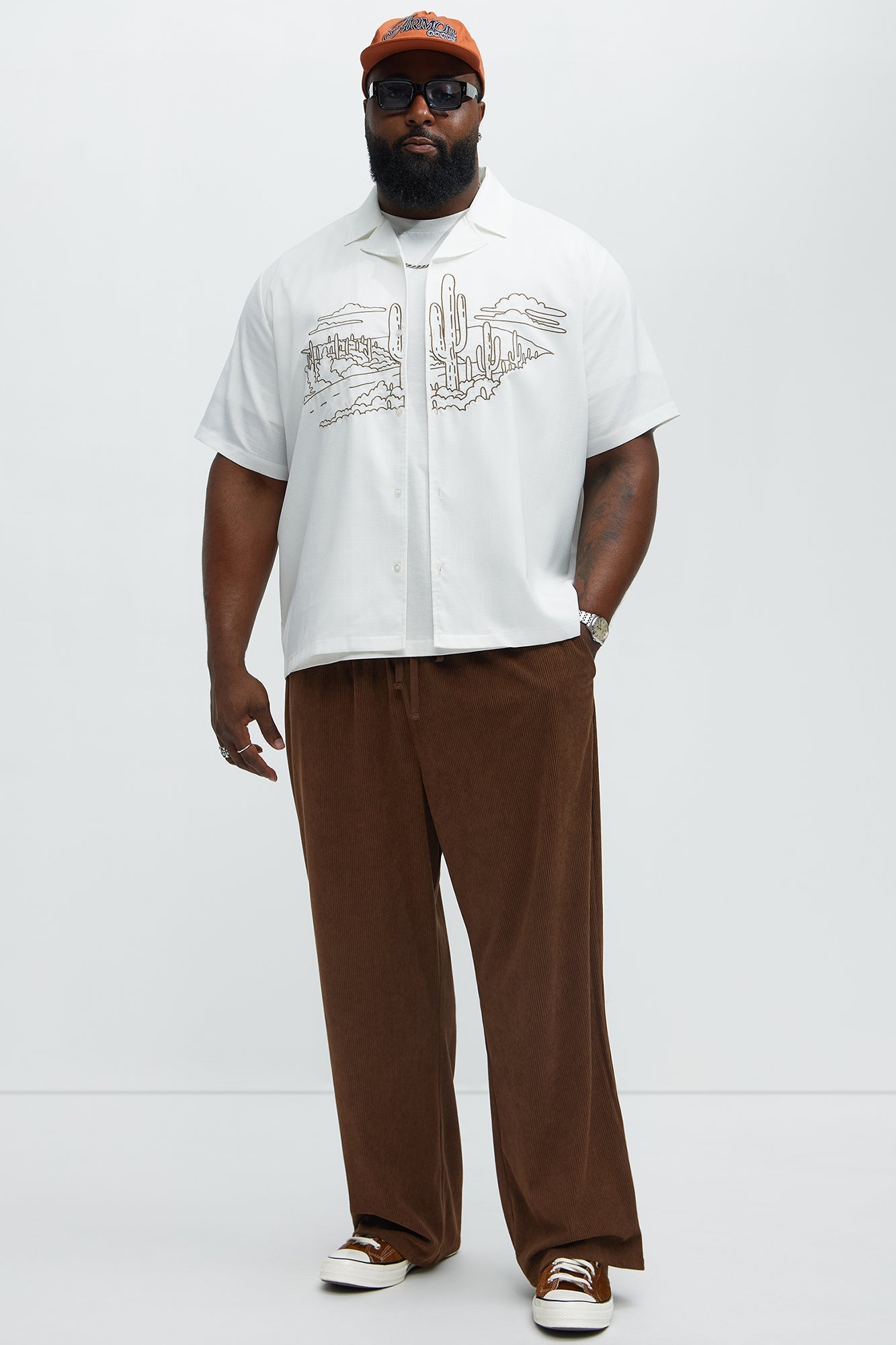 Desert Embroidered Cuban Collar Button Up - White