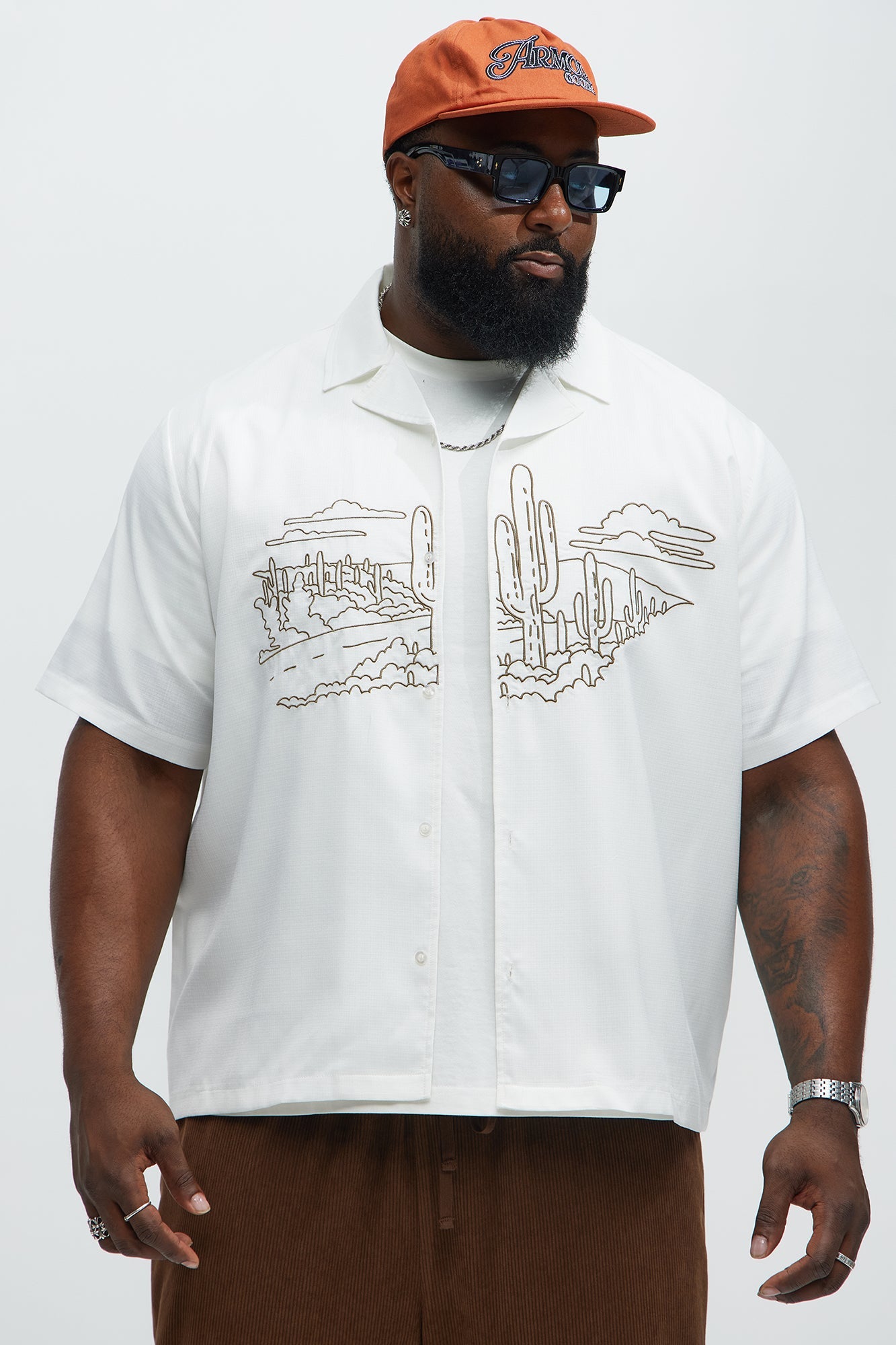 Desert Embroidered Cuban Collar Button Up - White
