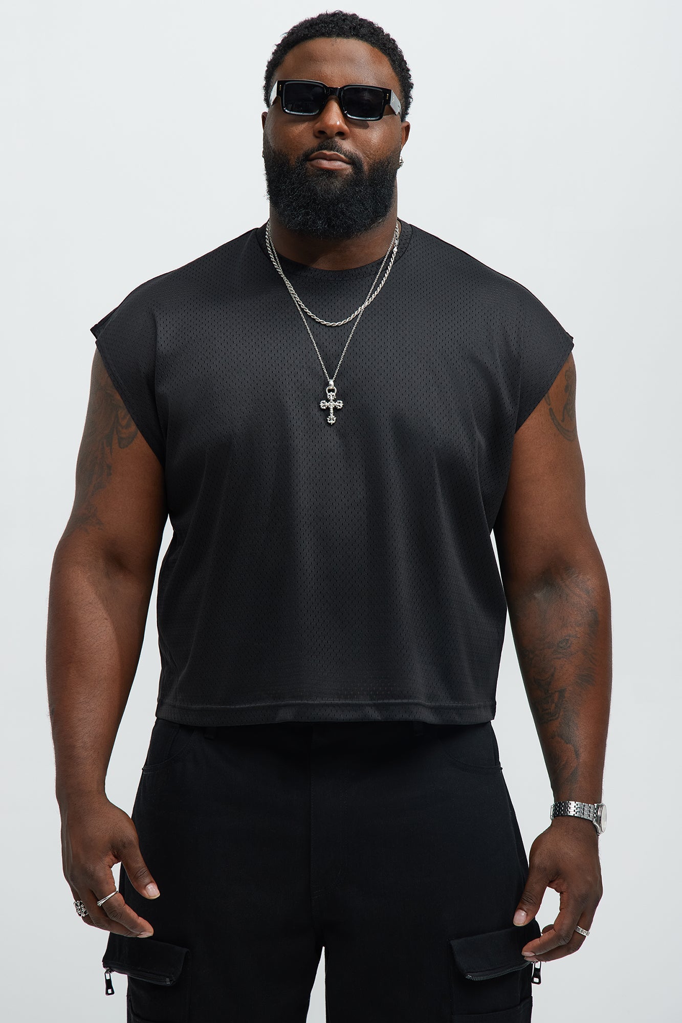 Boxy Mesh Sleeveless Muscle Tee - Black