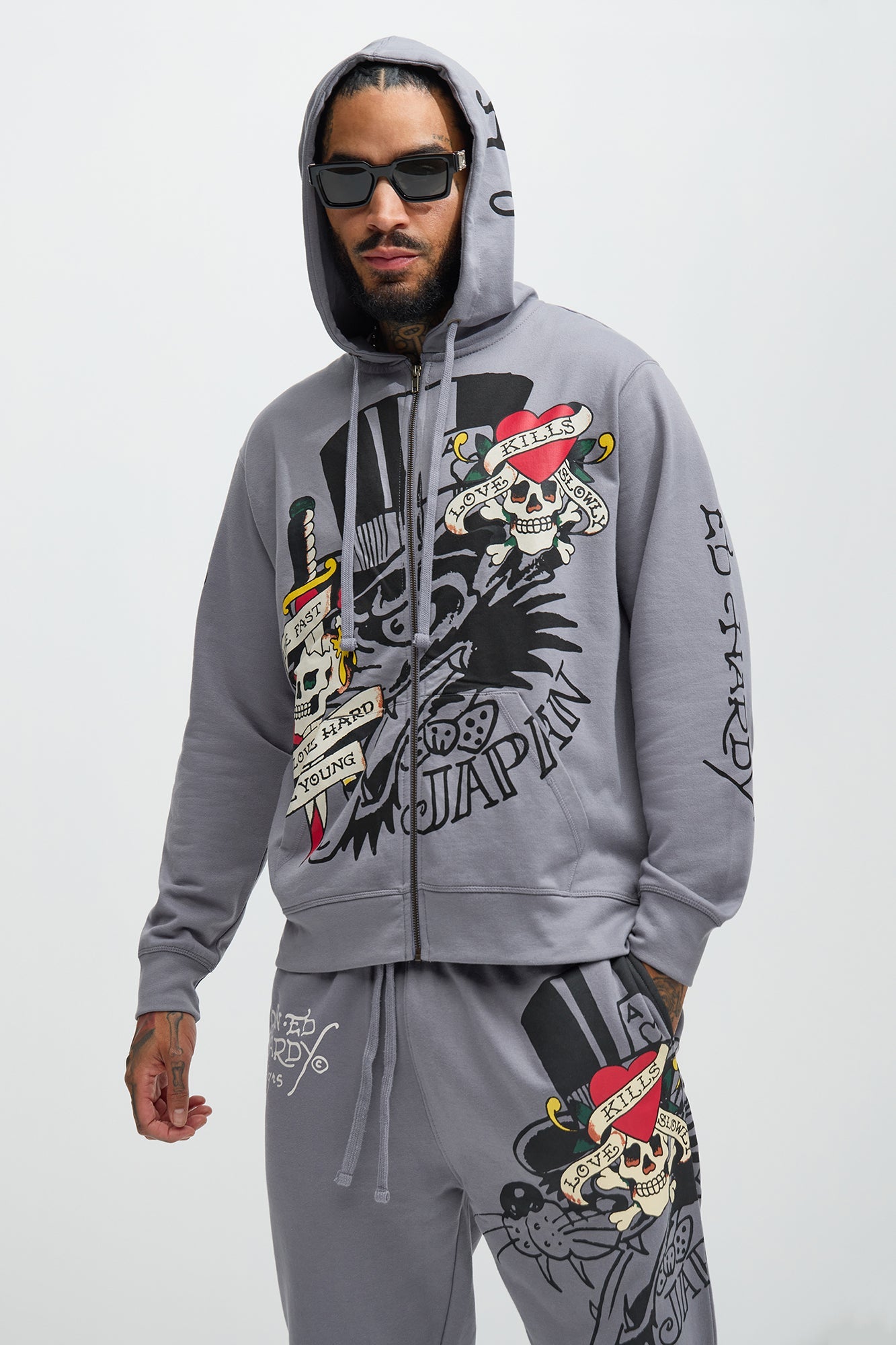 Ed Hardy Love Kills Zip Up Hoodie - Grey