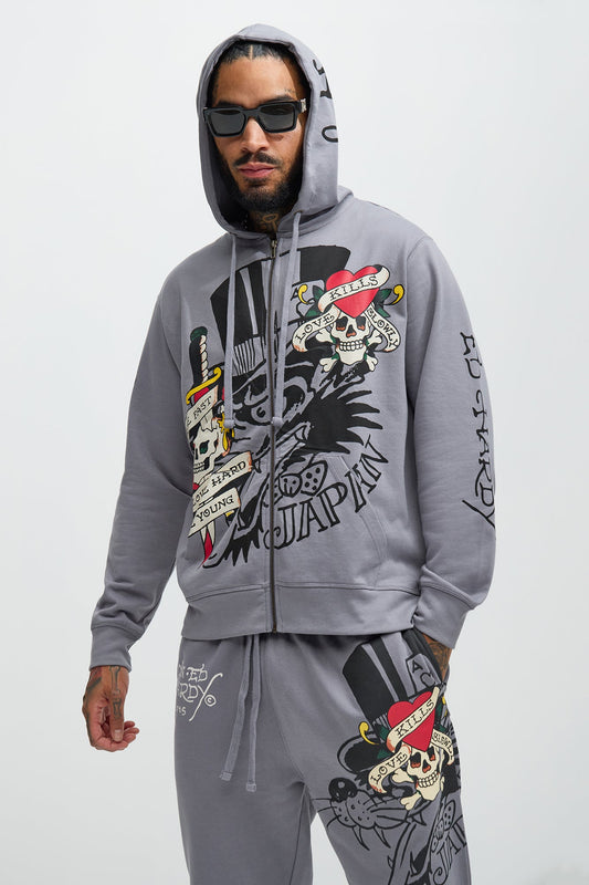 Ed Hardy Love Kills Zip Up Hoodie - Grey