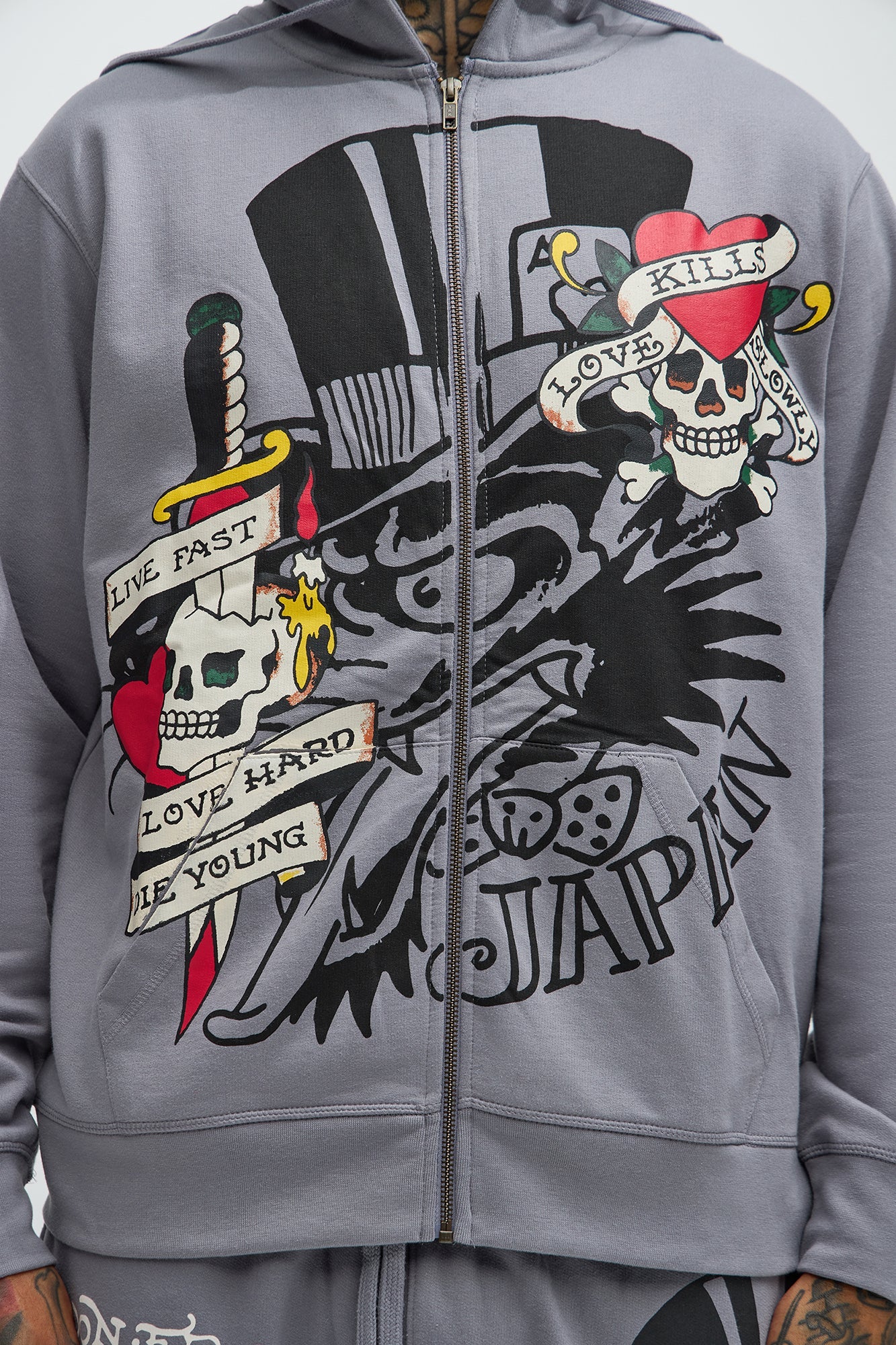 Ed Hardy Love Kills Zip Up Hoodie - Grey