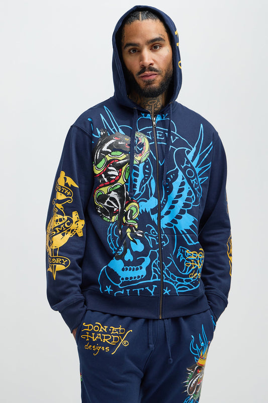 Ed Hardy Panther Bulldog Zip Up Hoodie - Navy