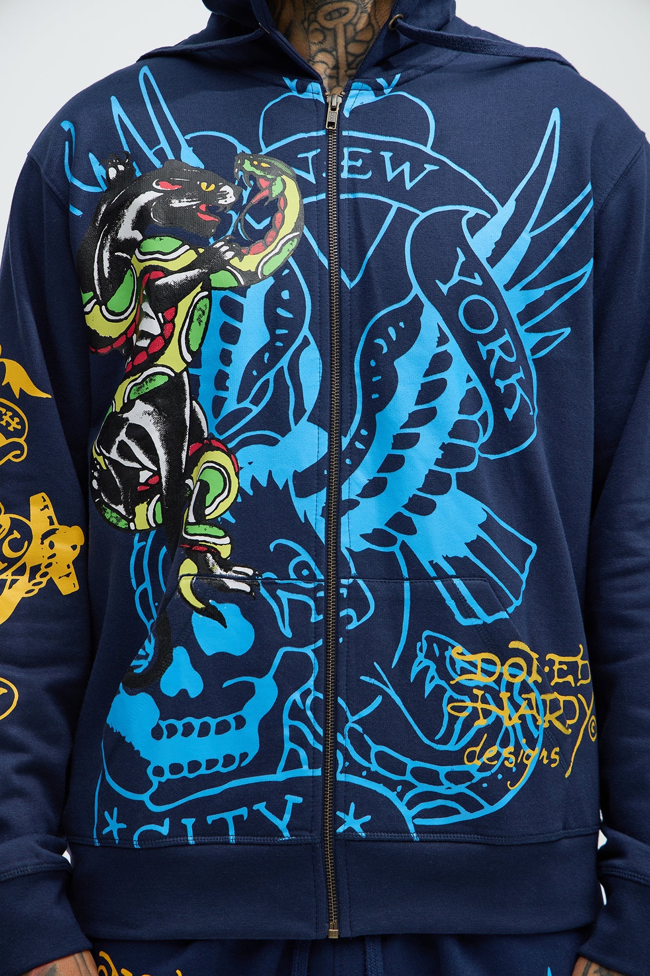Ed Hardy Panther Bulldog Zip Up Hoodie - Navy