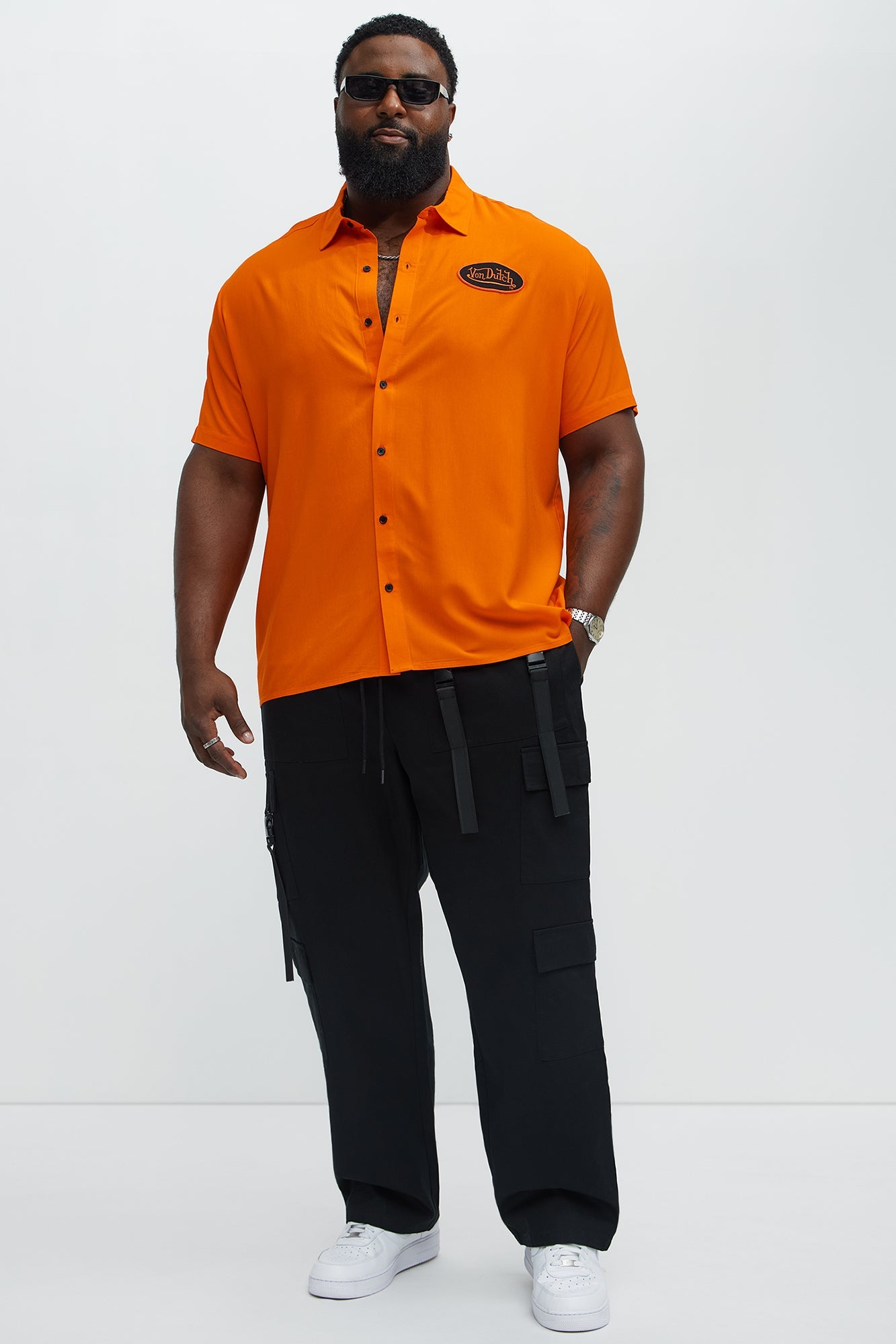 Von Dutch Front And Back Graphic Short Sleeve Button Up Shirt - Orange