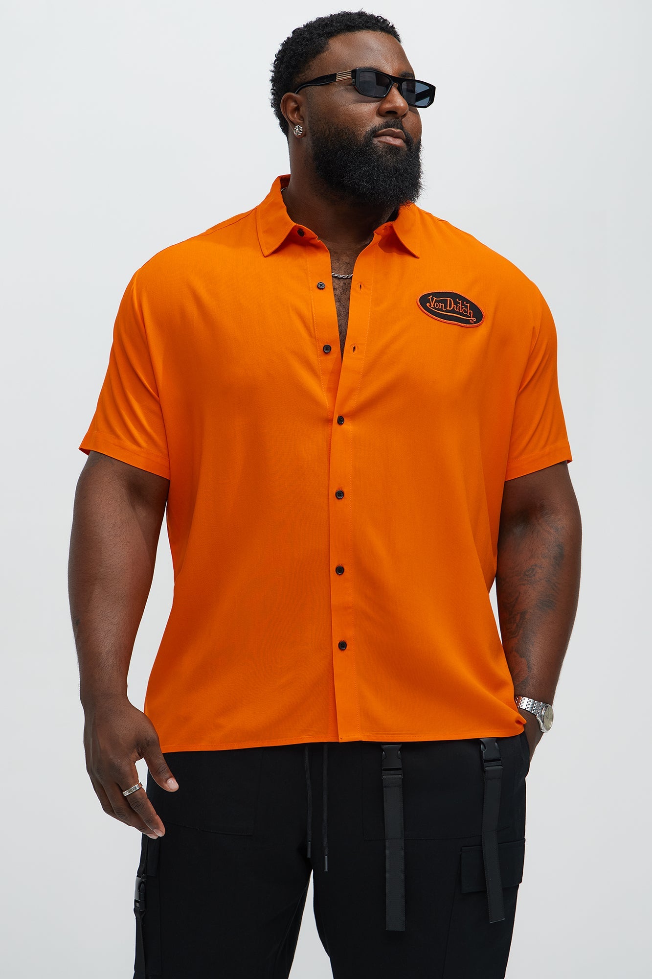 Von Dutch Front And Back Graphic Short Sleeve Button Up Shirt - Orange