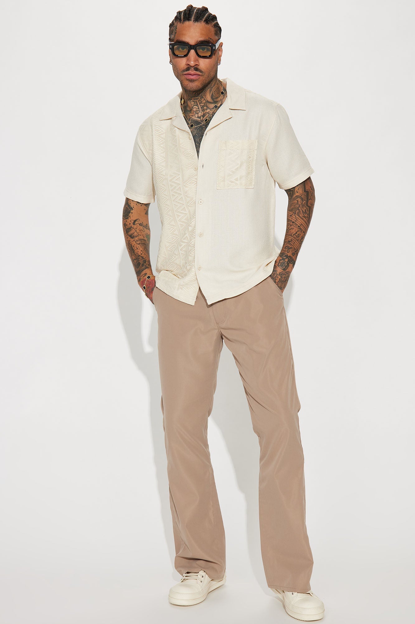 Half Crochet Pattern Short Sleeve Button Up Shirt - Cream