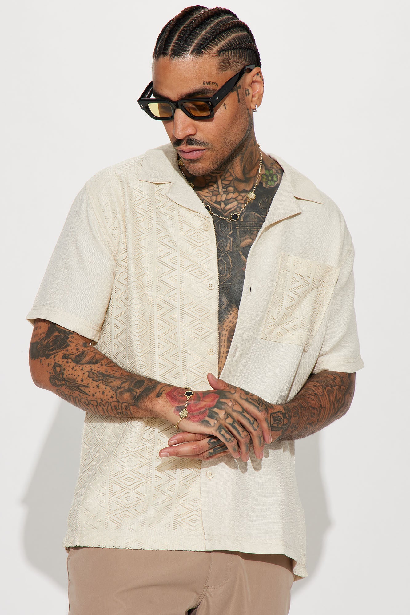 Half Crochet Pattern Short Sleeve Button Up Shirt - Cream