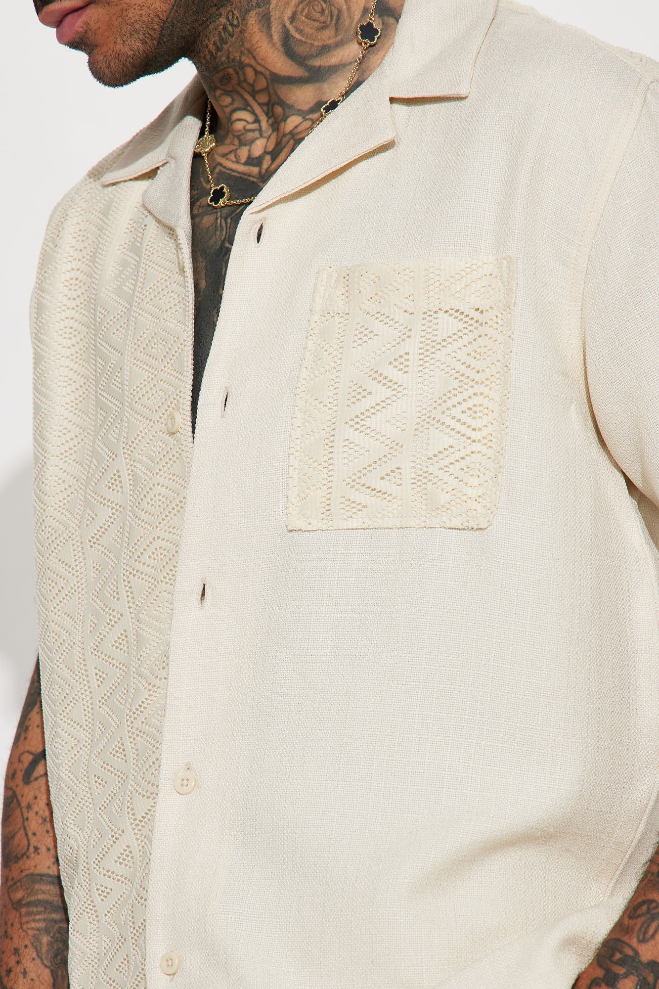 Half Crochet Pattern Short Sleeve Button Up Shirt - Cream