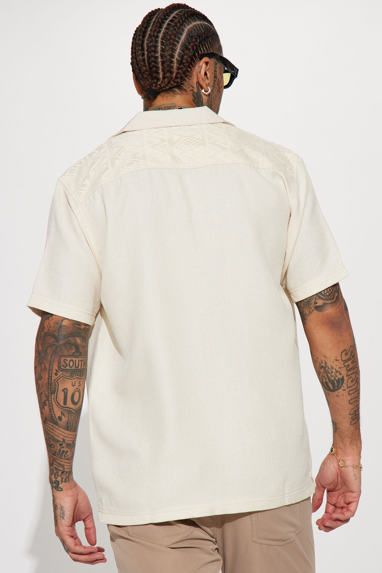 Half Crochet Pattern Short Sleeve Button Up Shirt - Cream