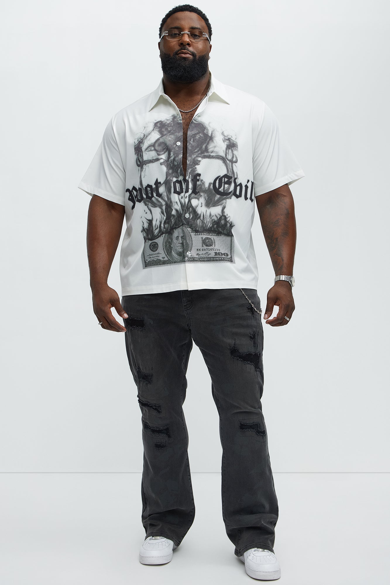 Smoking Skeleton Graphic Button Up Shirt - White