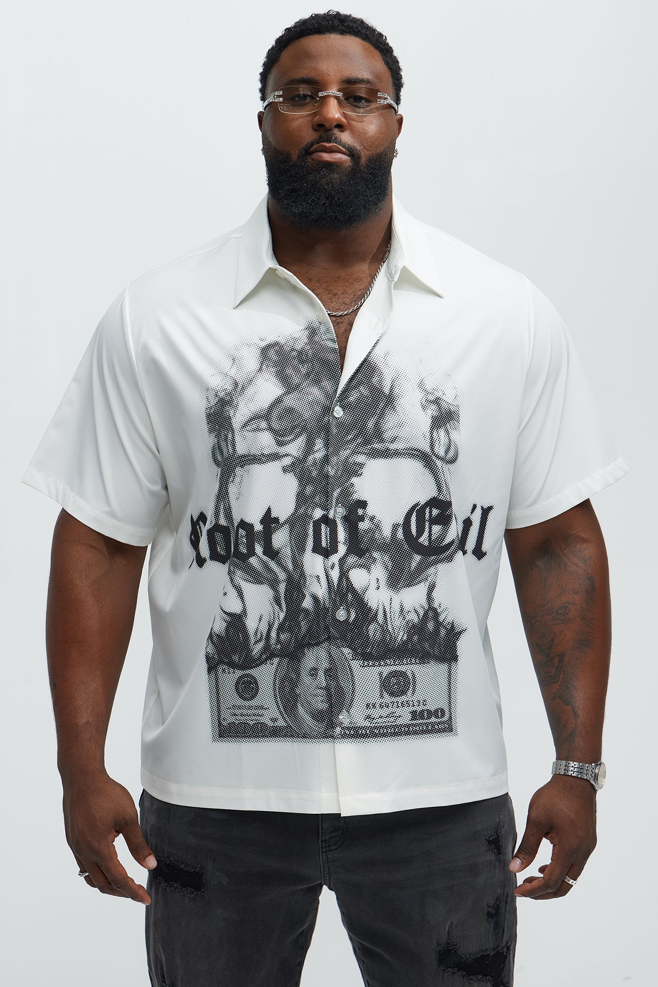 Smoking Skeleton Graphic Button Up Shirt - White
