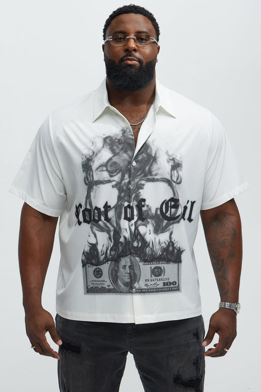 Smoking Skeleton Graphic Button Up Shirt - White