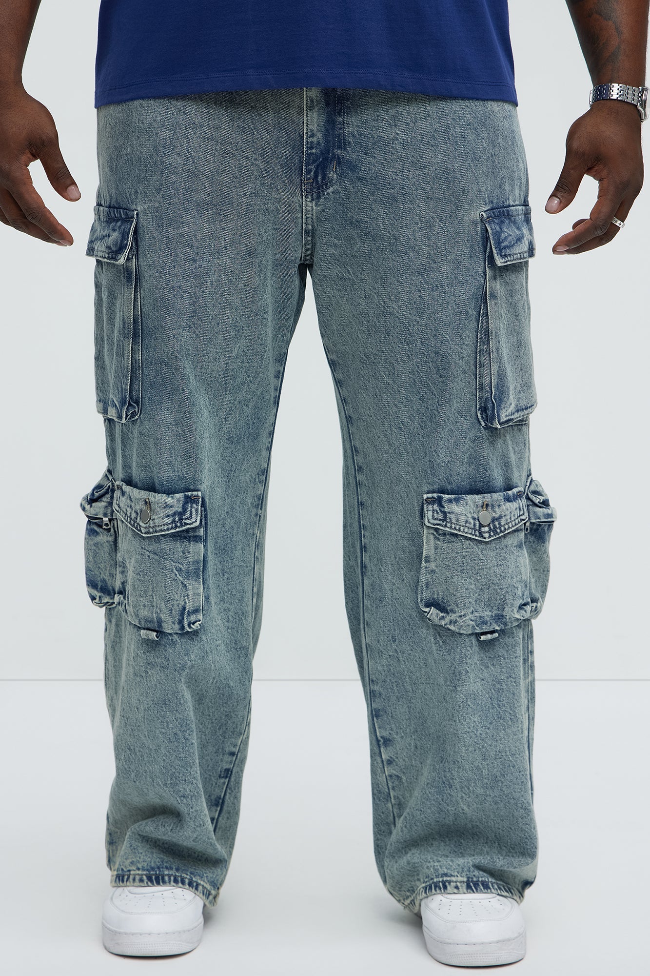 Wish So Many Baggy Cargo Jeans - Medium Blue Wash