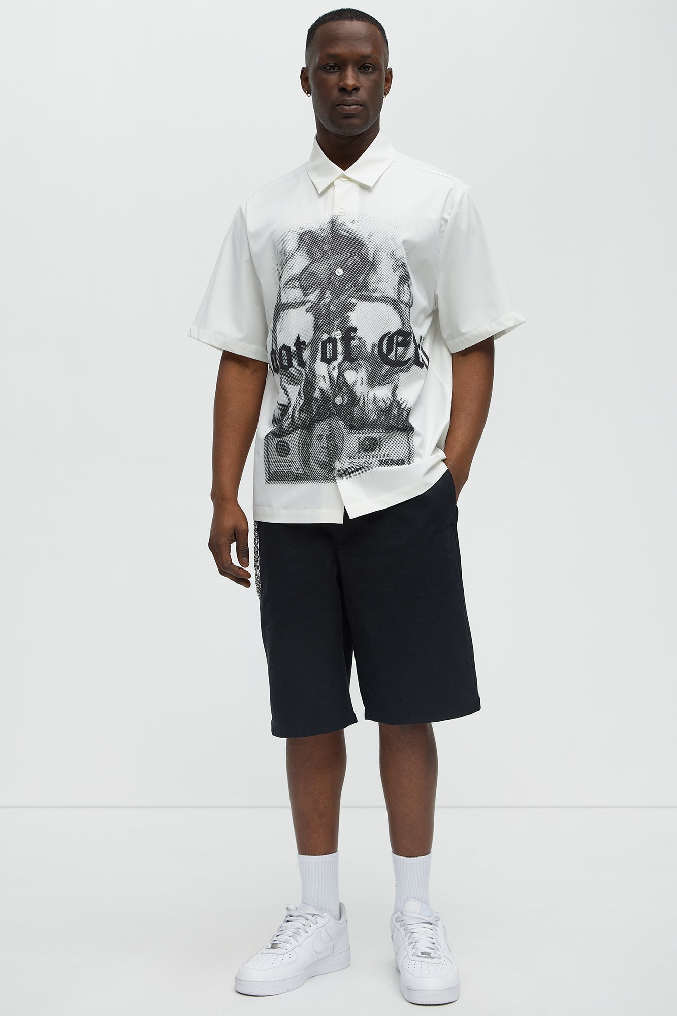 Smoking Skeleton Graphic Button Up Shirt - White