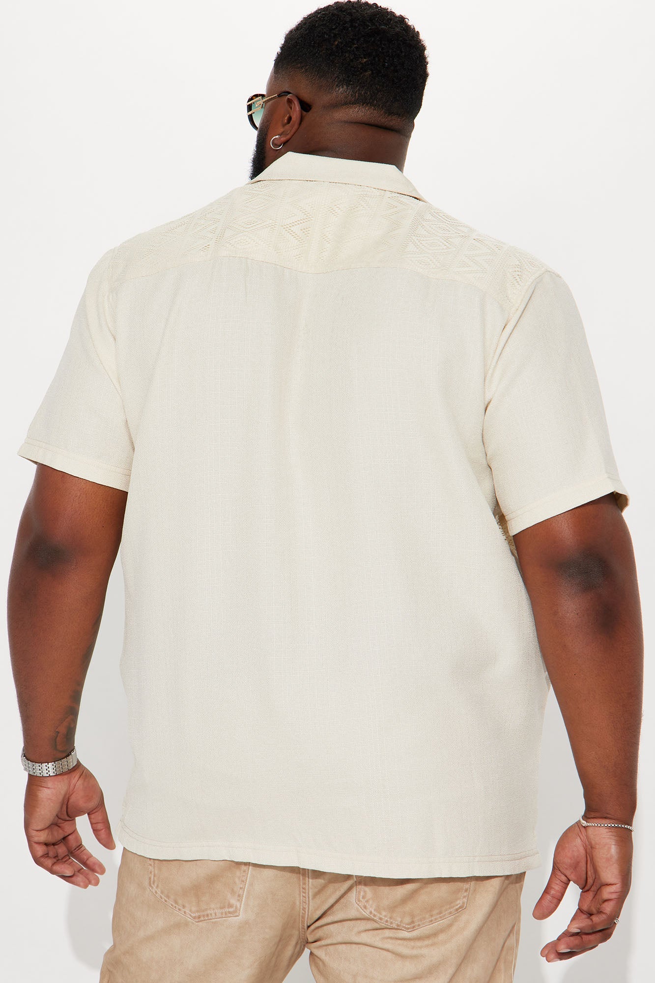 Half Crochet Pattern Short Sleeve Button Up Shirt - Cream