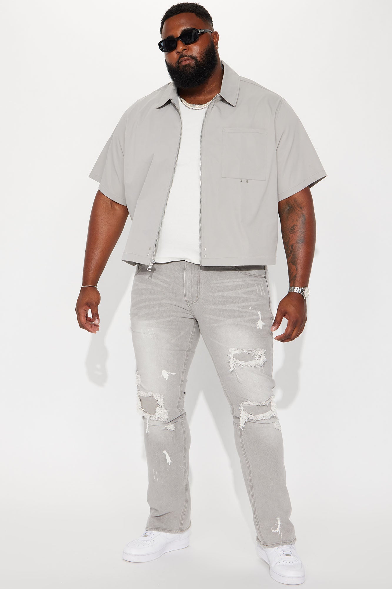 Ripped Stacked Skinny Flare Jeans - Grey