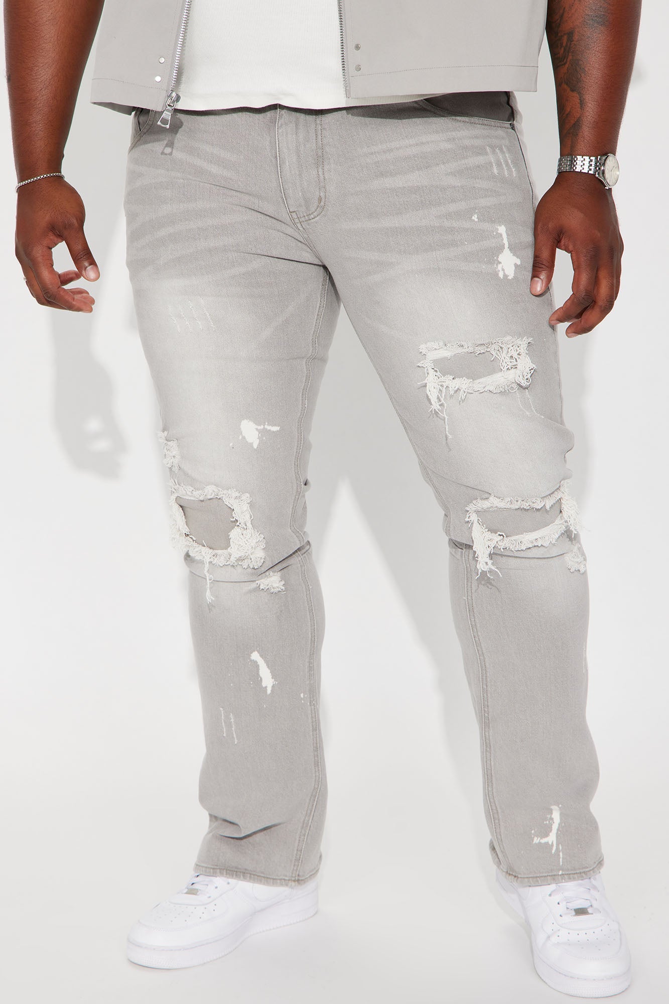 Ripped Stacked Skinny Flare Jeans - Grey
