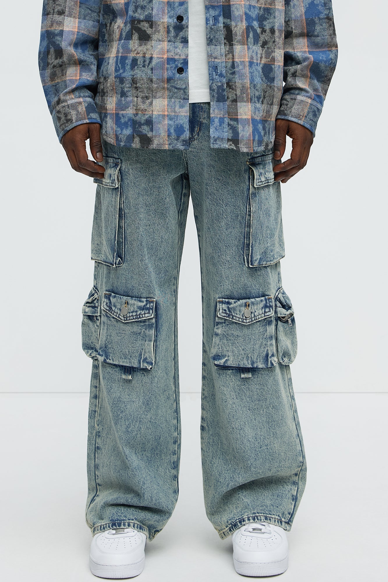 Wish So Many Baggy Cargo Jeans - Medium Blue Wash