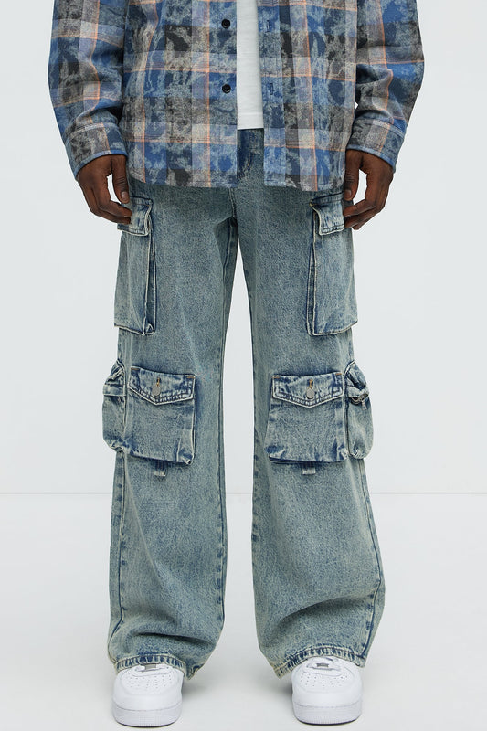 Wish So Many Baggy Cargo Jeans - Medium Blue Wash