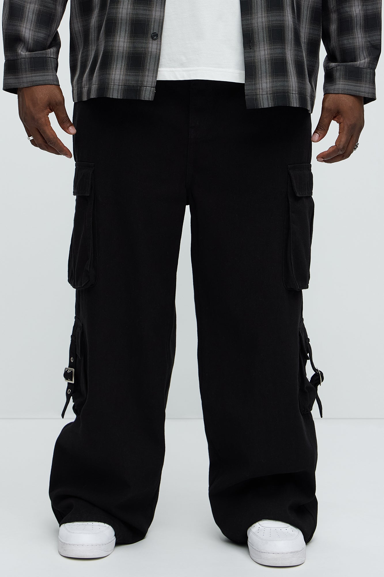 These Streets Cargo Buckle Straps Baggy Jeans - Black