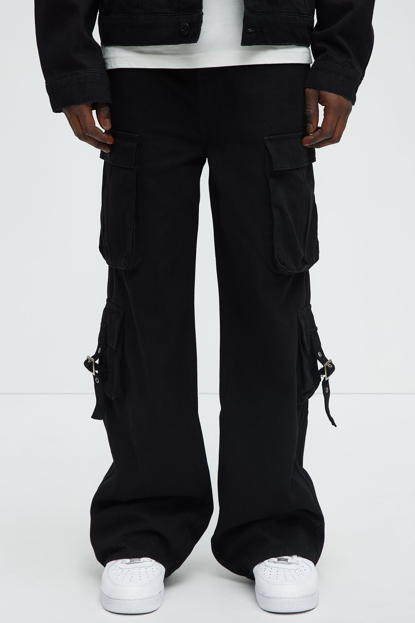 These Streets Cargo Buckle Straps Baggy Jeans - Black