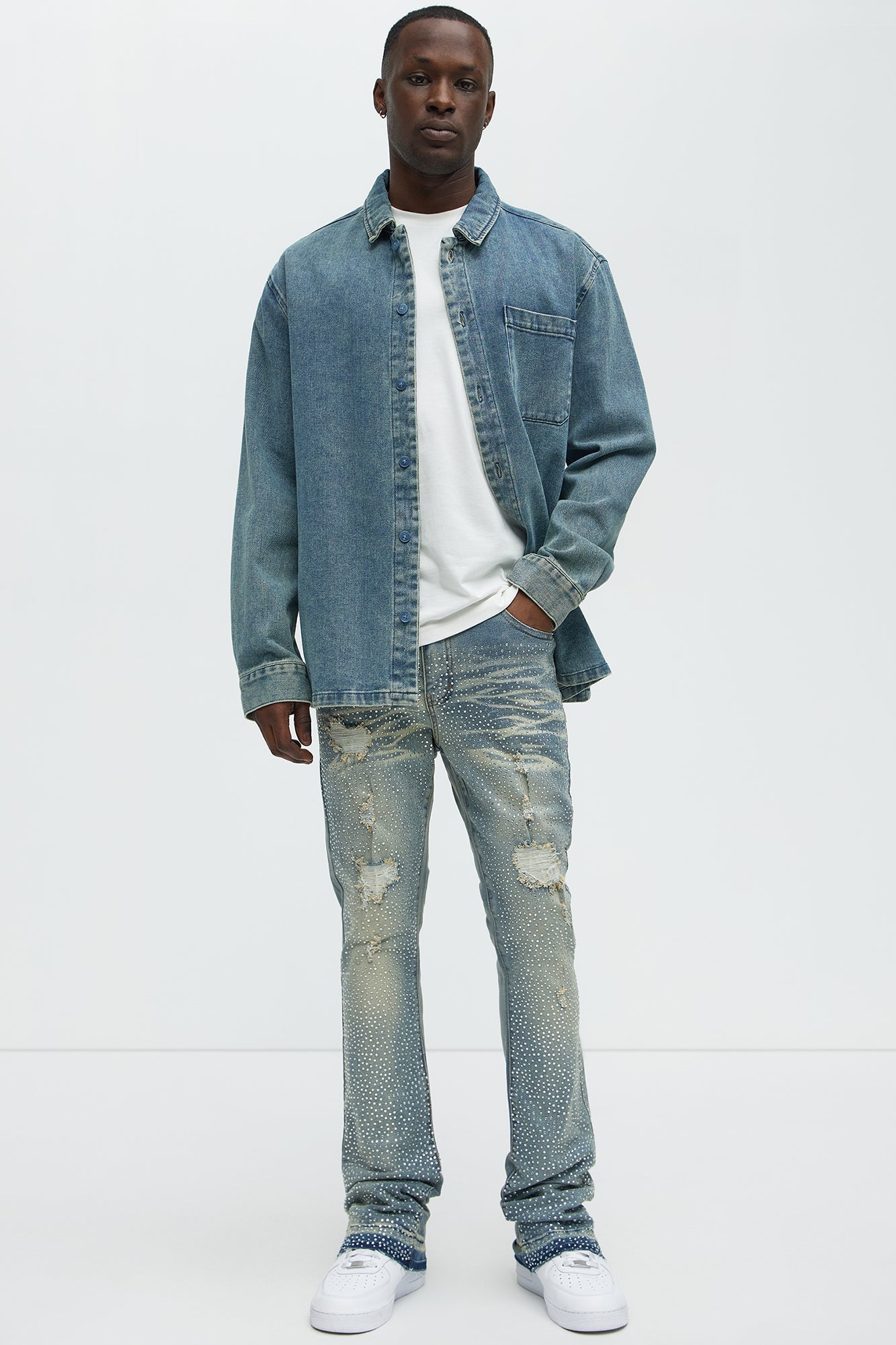 Stacked Skinny Flare On My Bling Distressed Jeans - Medium Blue Wash