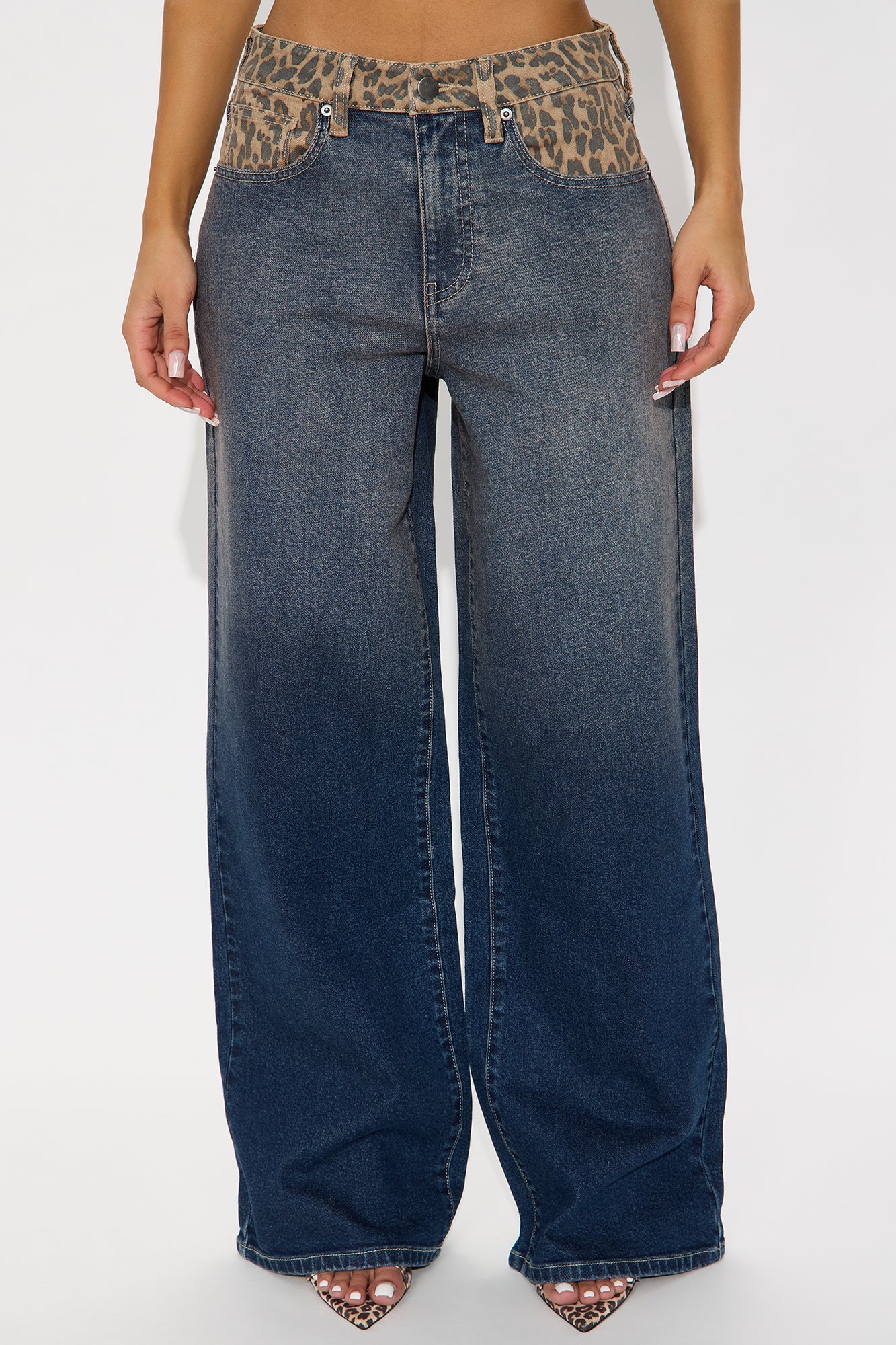 Wild At Heart Leopard Contrast Wide Leg Jeans - Dark Wash