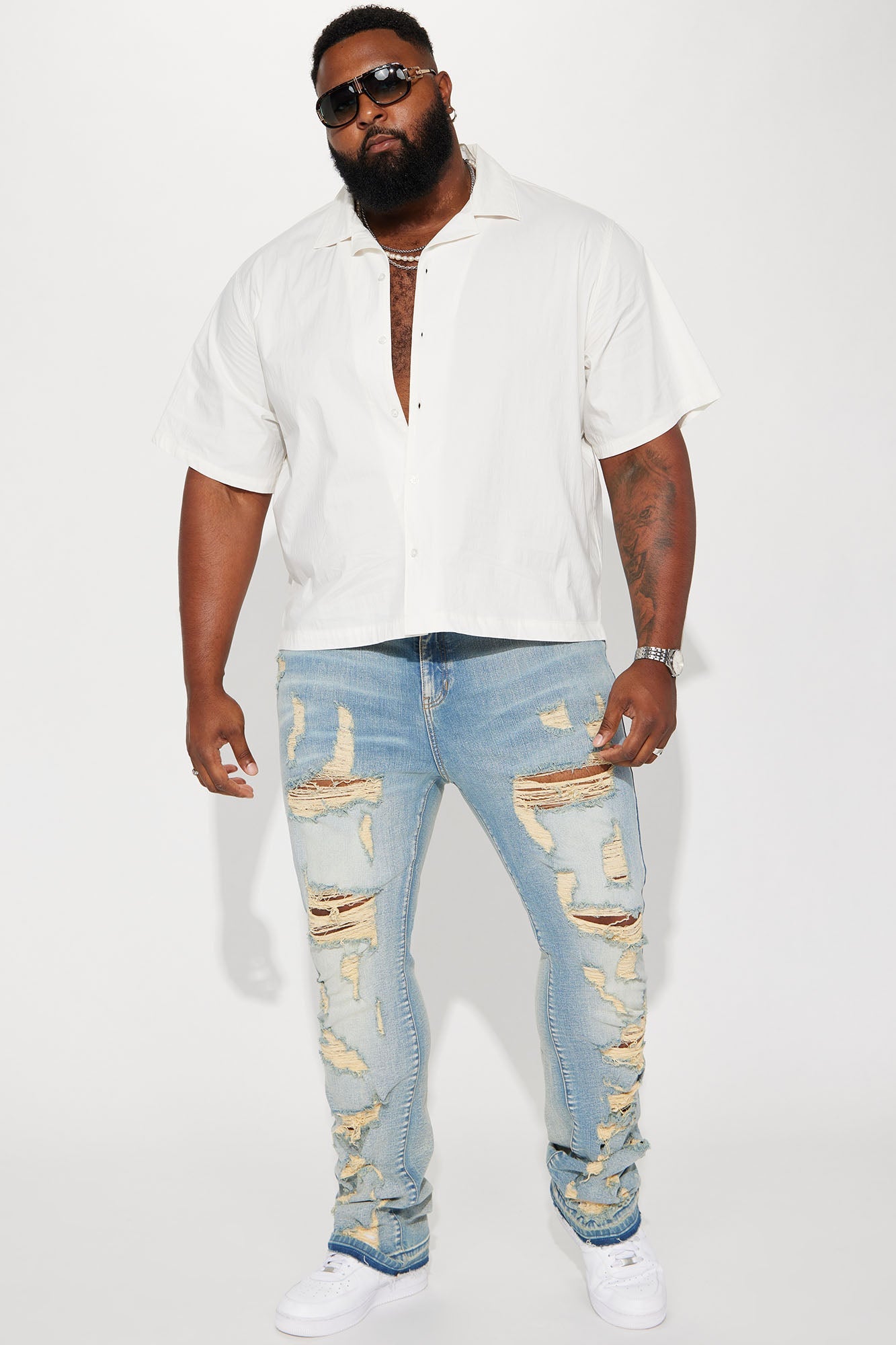 Torn Apart Stacked Skinny Flare Jeans - Light Blue Wash