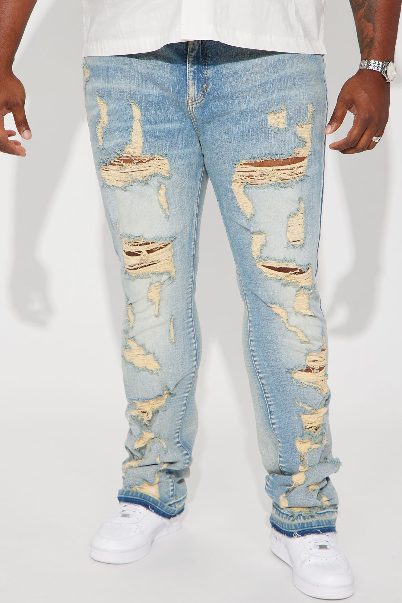 Torn Apart Stacked Skinny Flare Jeans - Light Blue Wash