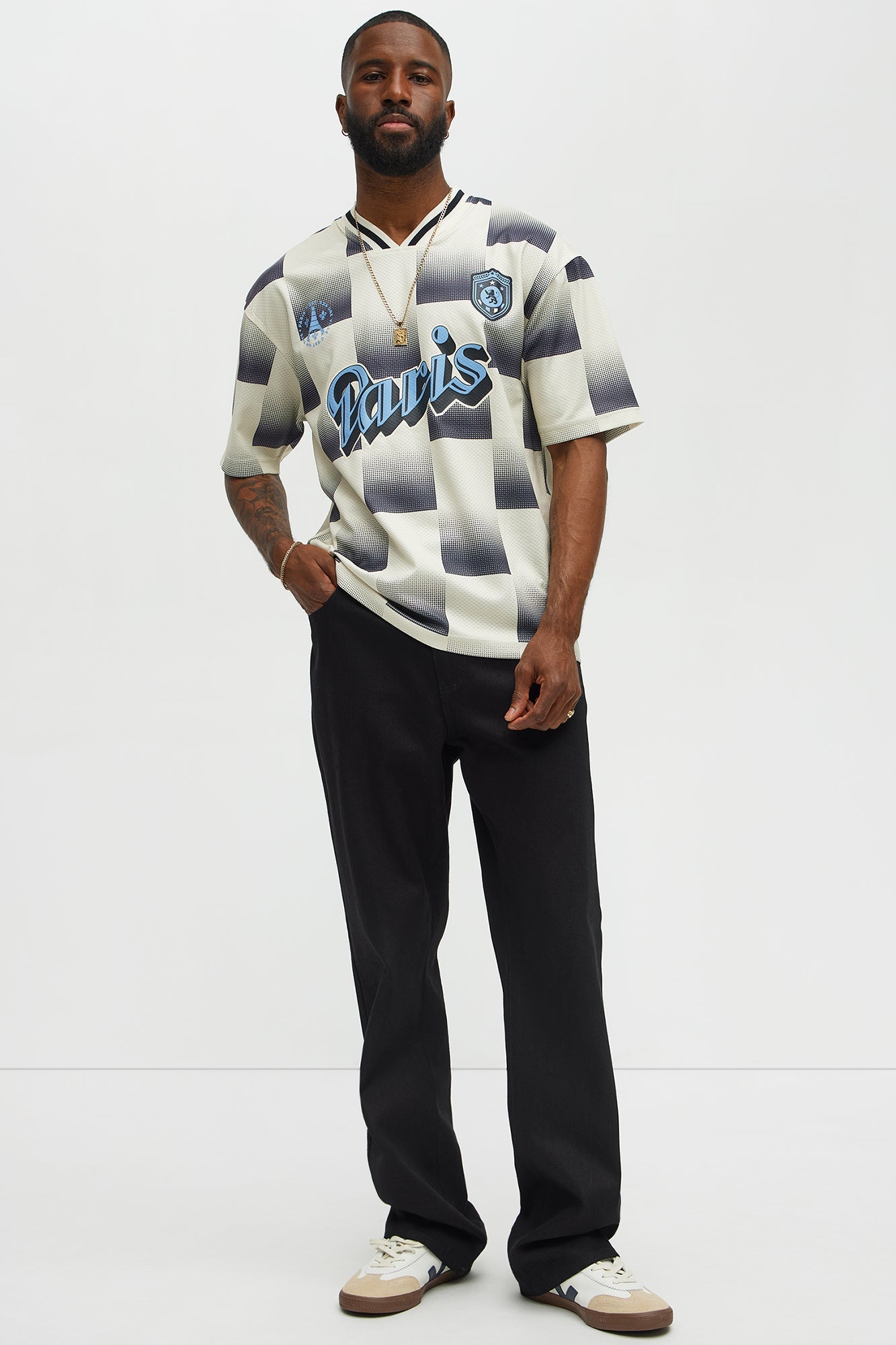 Checkered Paris Short Sleeve Soccer Jersey - Off White/combo