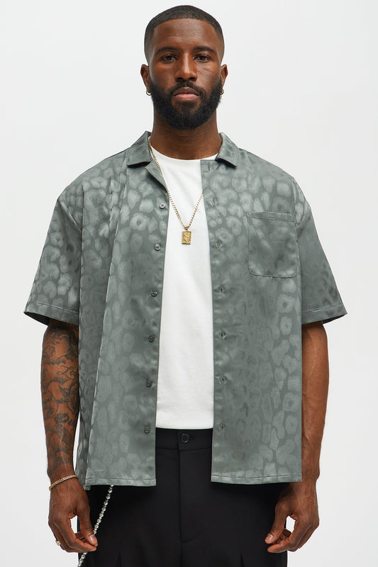 Satin Leopard Button Up Shirt - Grey