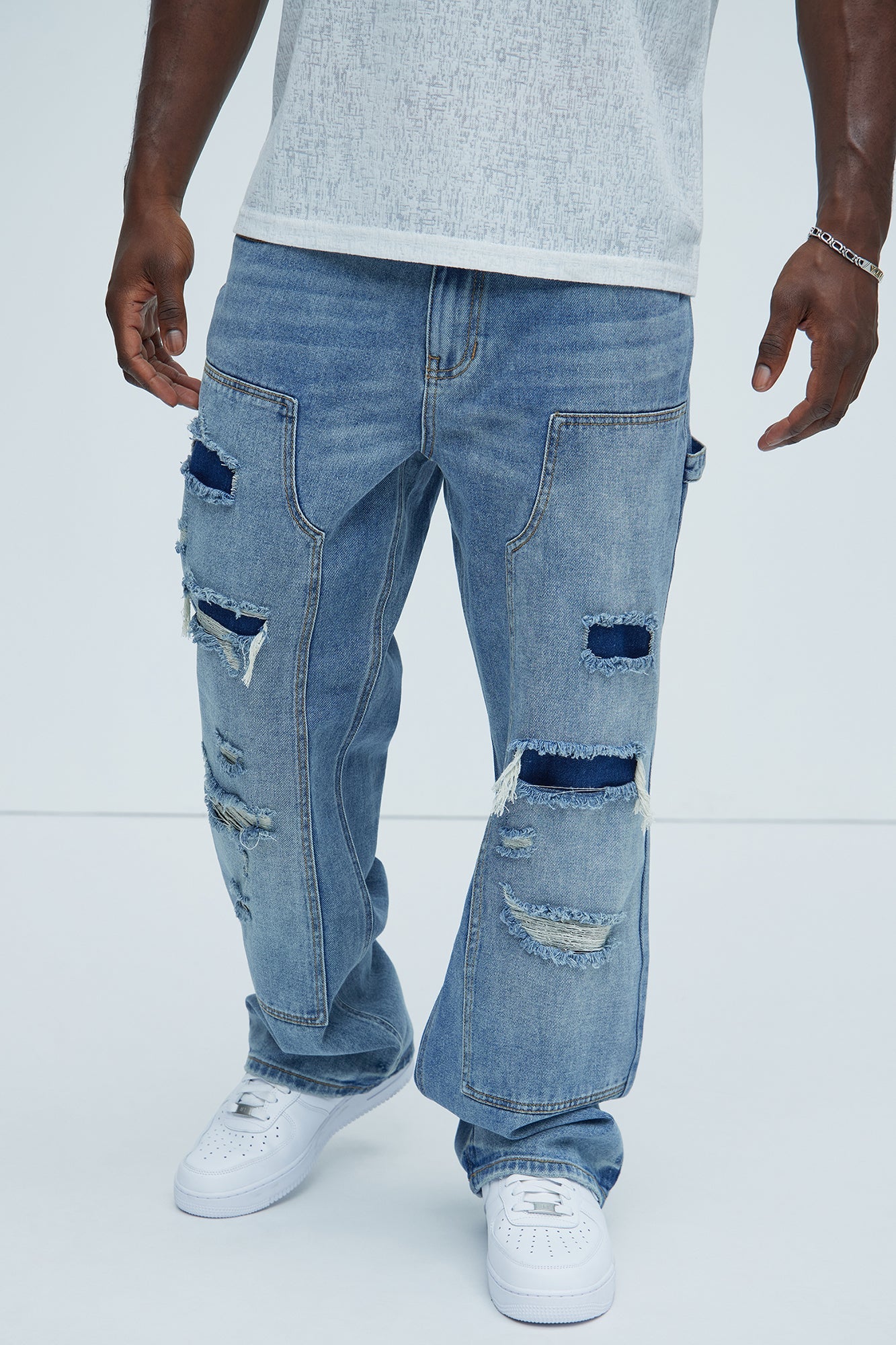 Bore Distressed Carpenter Straight Jeans - Blue Wash