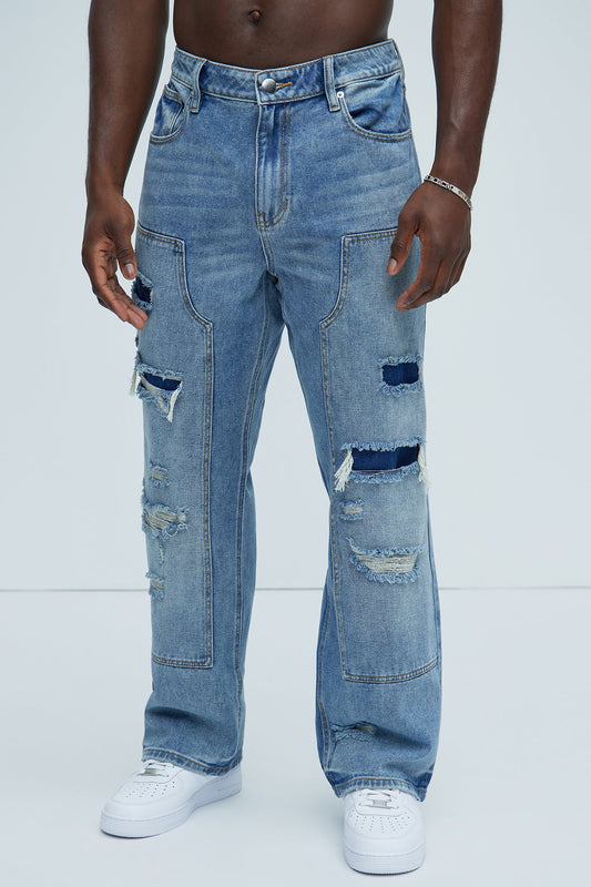 Bore Distressed Carpenter Straight Jeans - Blue Wash