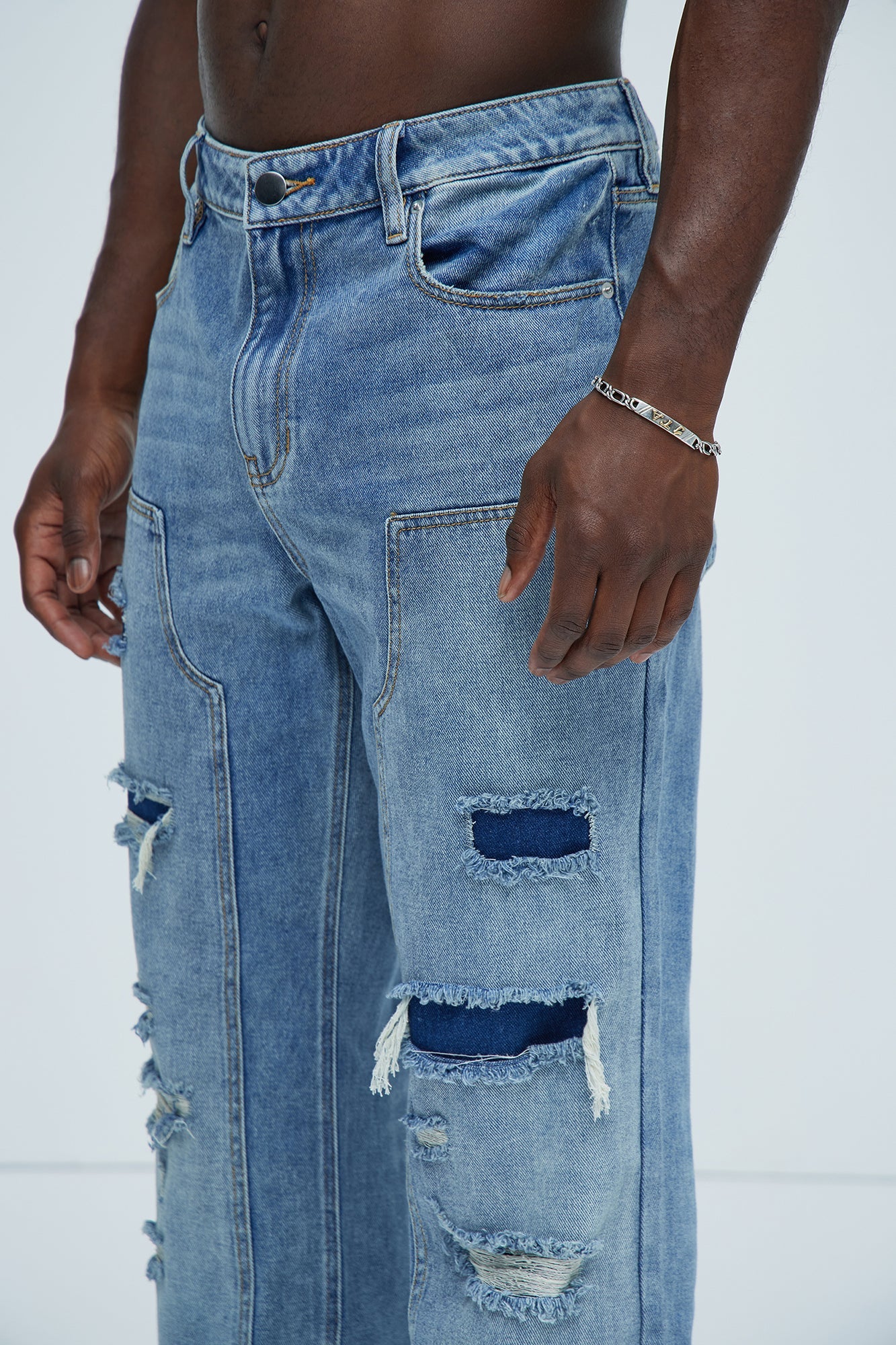 Bore Distressed Carpenter Straight Jeans - Blue Wash