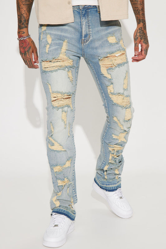 Torn Apart Stacked Skinny Flare Jeans - Light Blue Wash