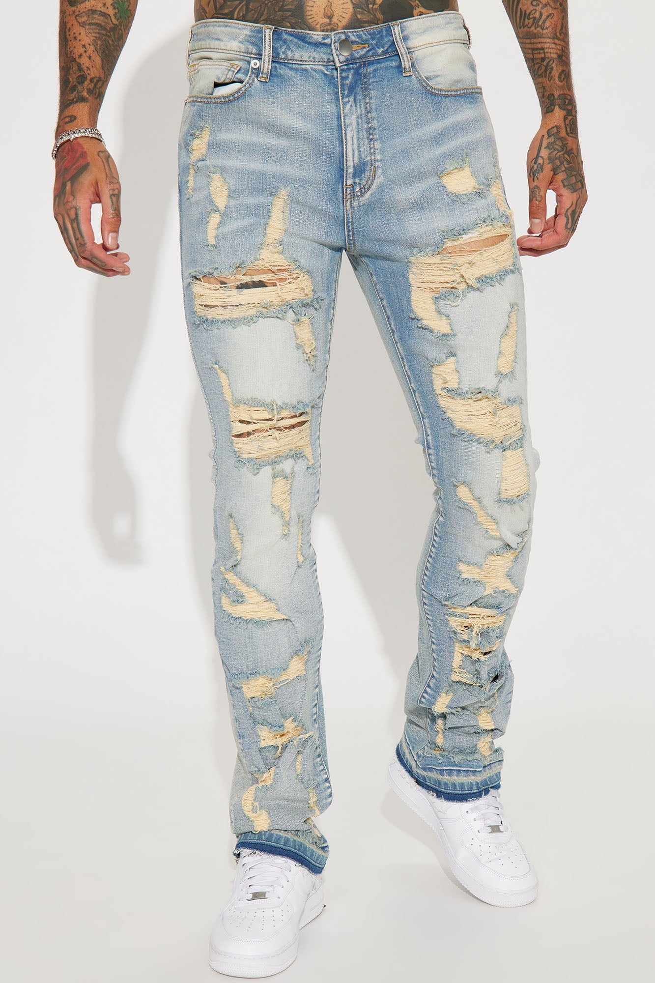Torn Apart Stacked Skinny Flare Jeans - Light Blue Wash