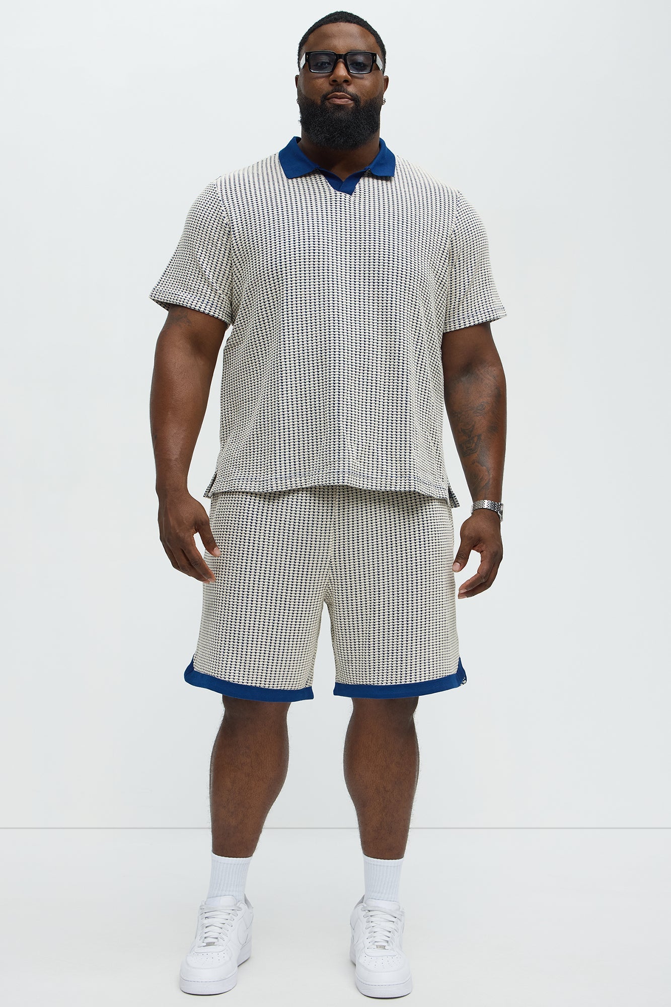 Devin Crochet Contrast Trim Johnny Collar Polo - Blue/combo