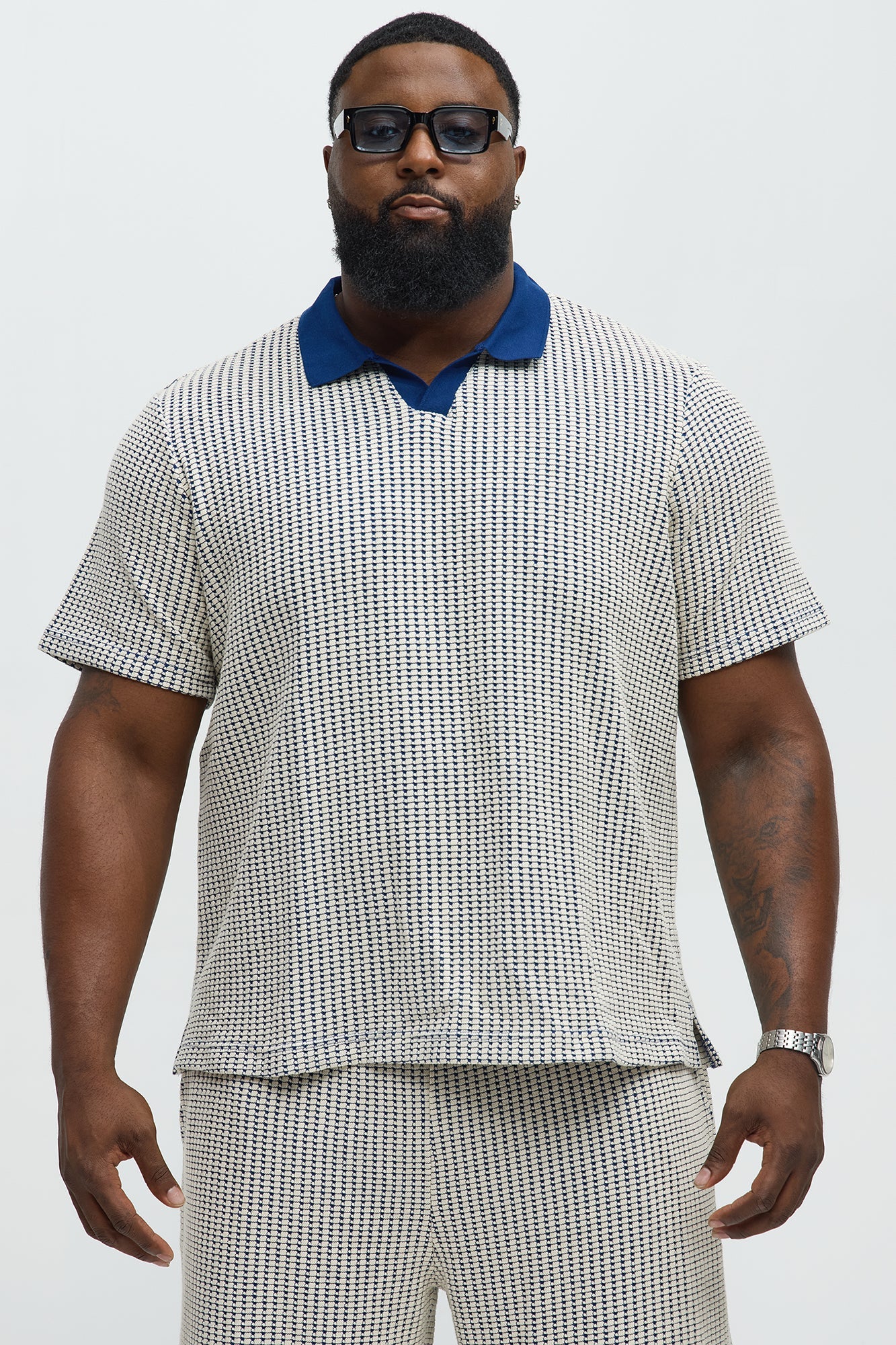 Devin Crochet Contrast Trim Johnny Collar Polo - Blue/combo