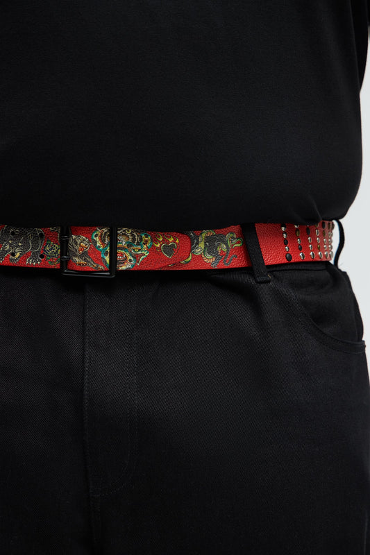 Ed Hardy Riveted Panther Belt - Red