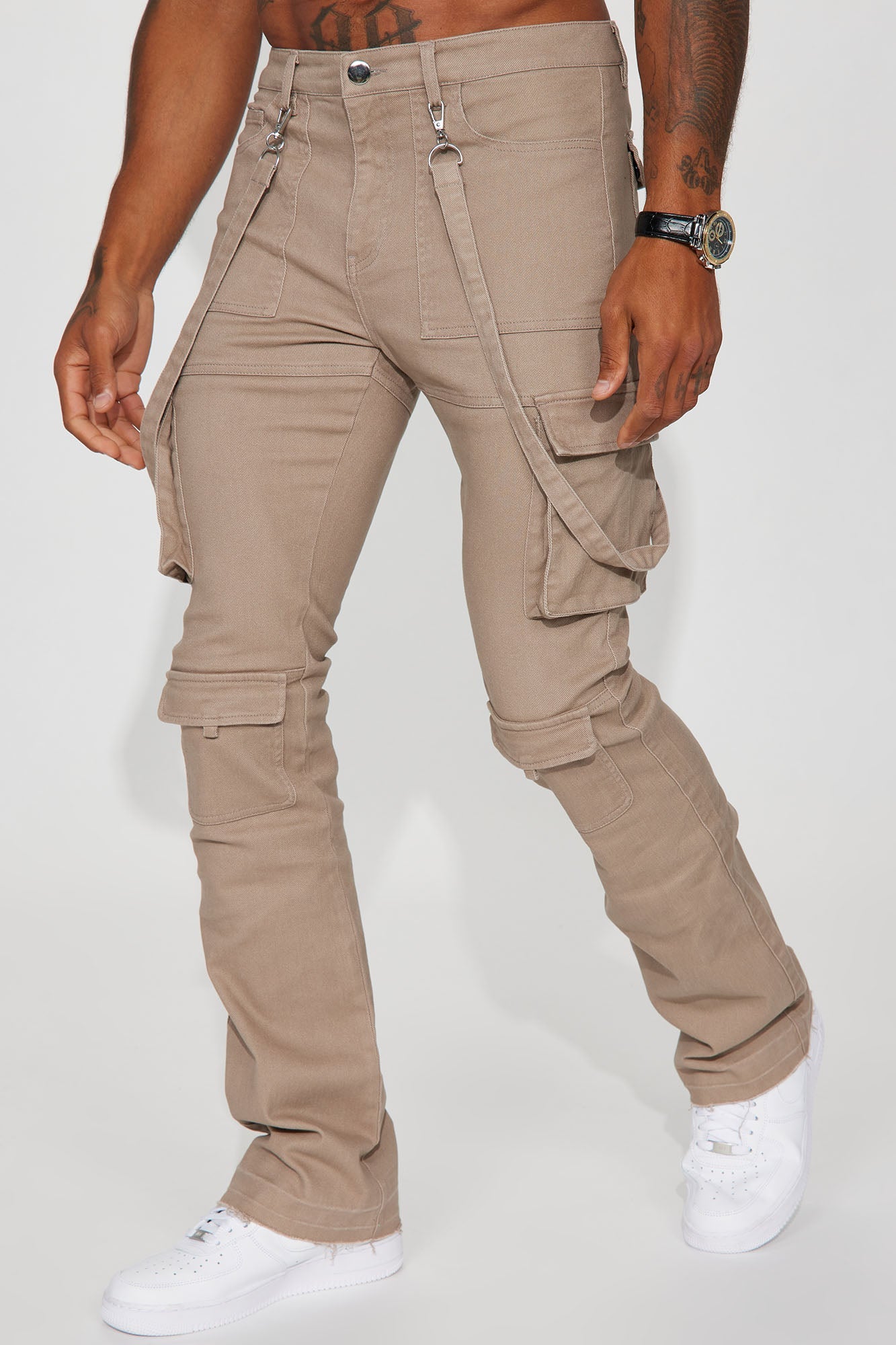 Strapped In Cargo Stacked Skinny Flare Jeans - Taupe
