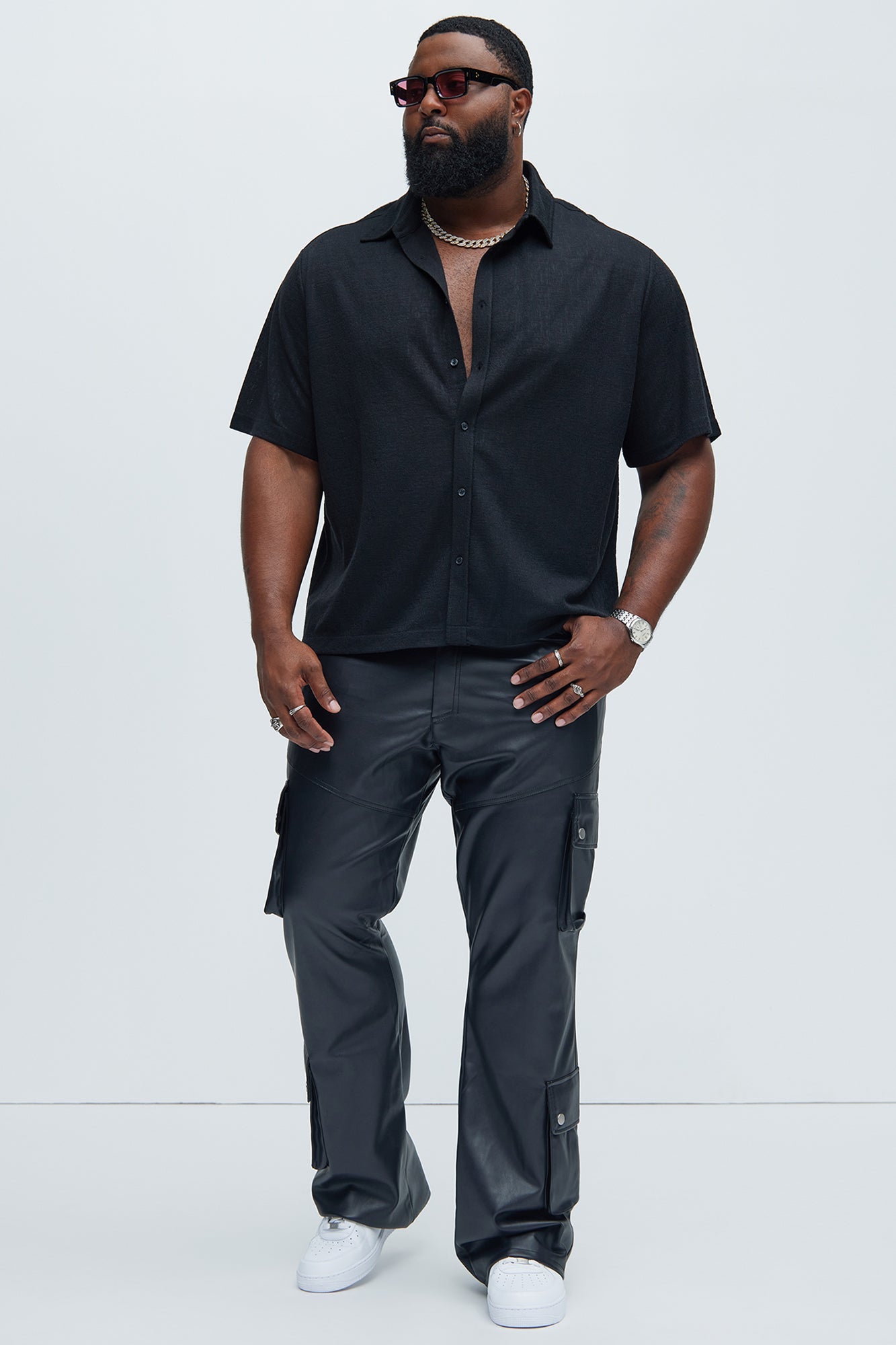 Name Of Love Faux Leather Stacked Slim Flare Pants - Black