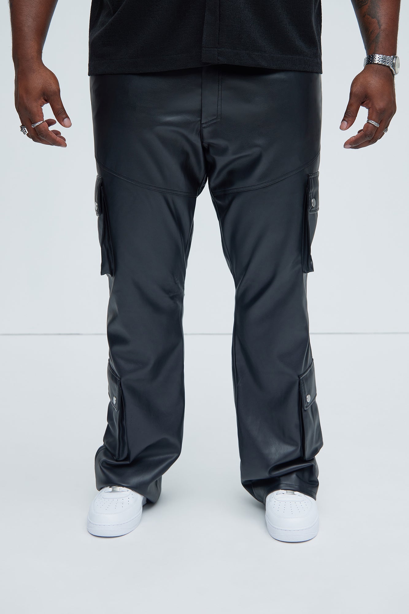 Name Of Love Faux Leather Stacked Slim Flare Pants - Black