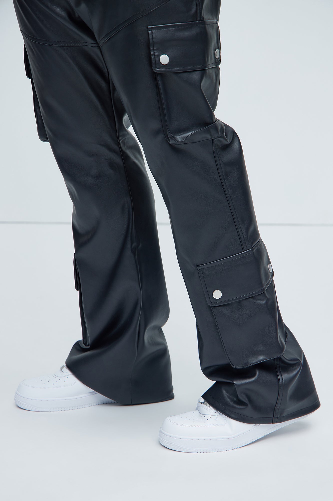 Name Of Love Faux Leather Stacked Slim Flare Pants - Black