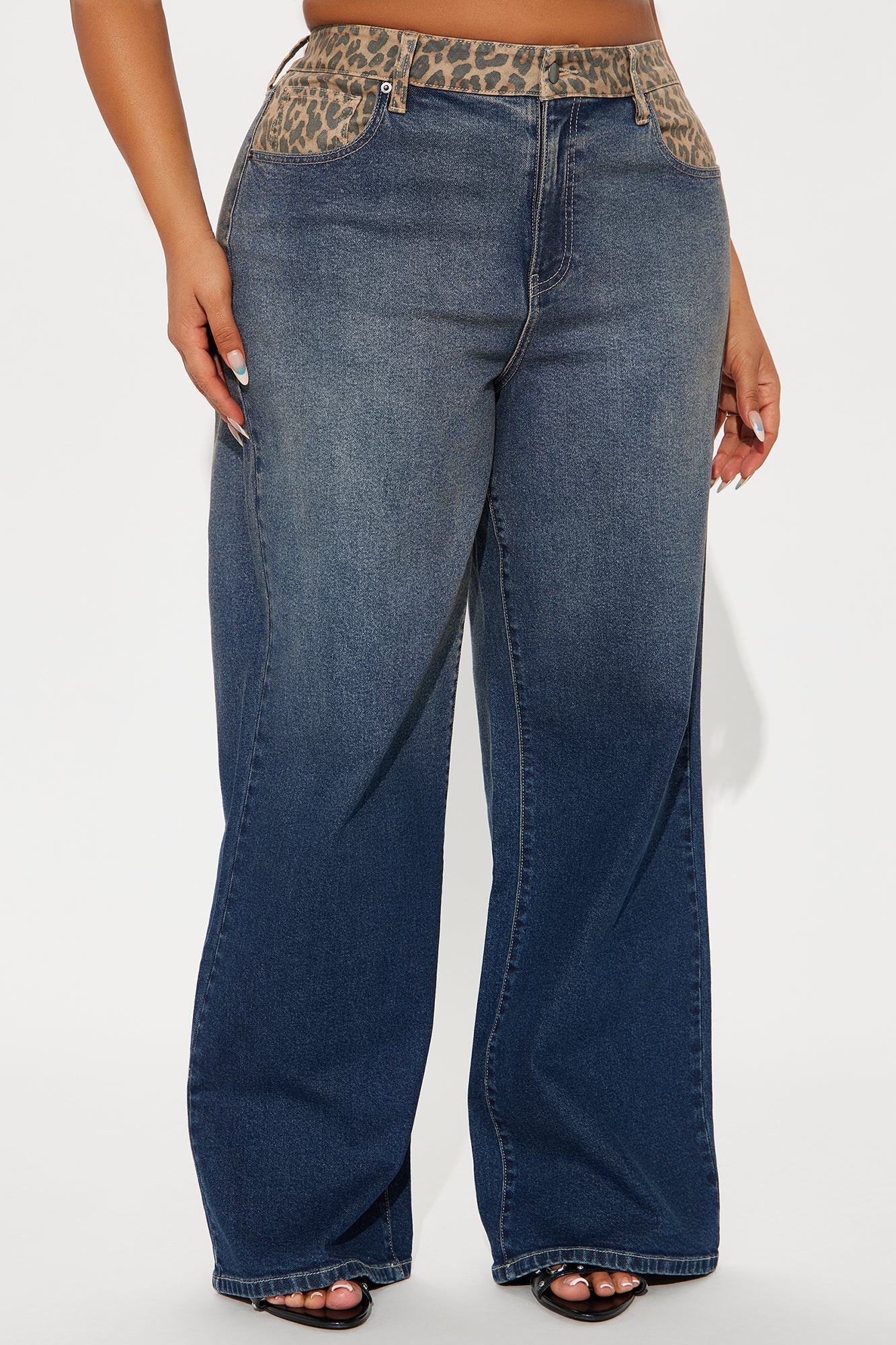 Wild At Heart Leopard Contrast Wide Leg Jeans - Dark Wash