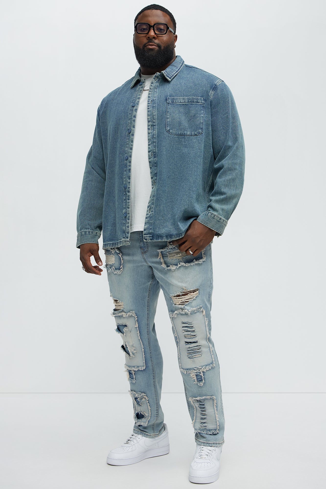 Shredded Patchwork Skinny Jeans - Light Wash